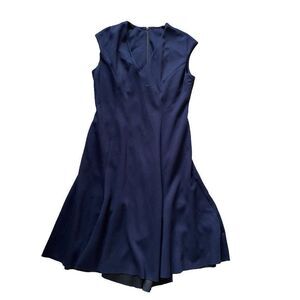 Elie Tahari Dress Navy Dark Blue Hi Low V-Neck Swing 14 Sleeveless